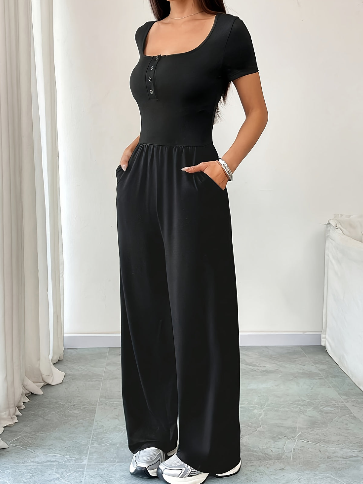 Solid Color Jumpsuit - Black