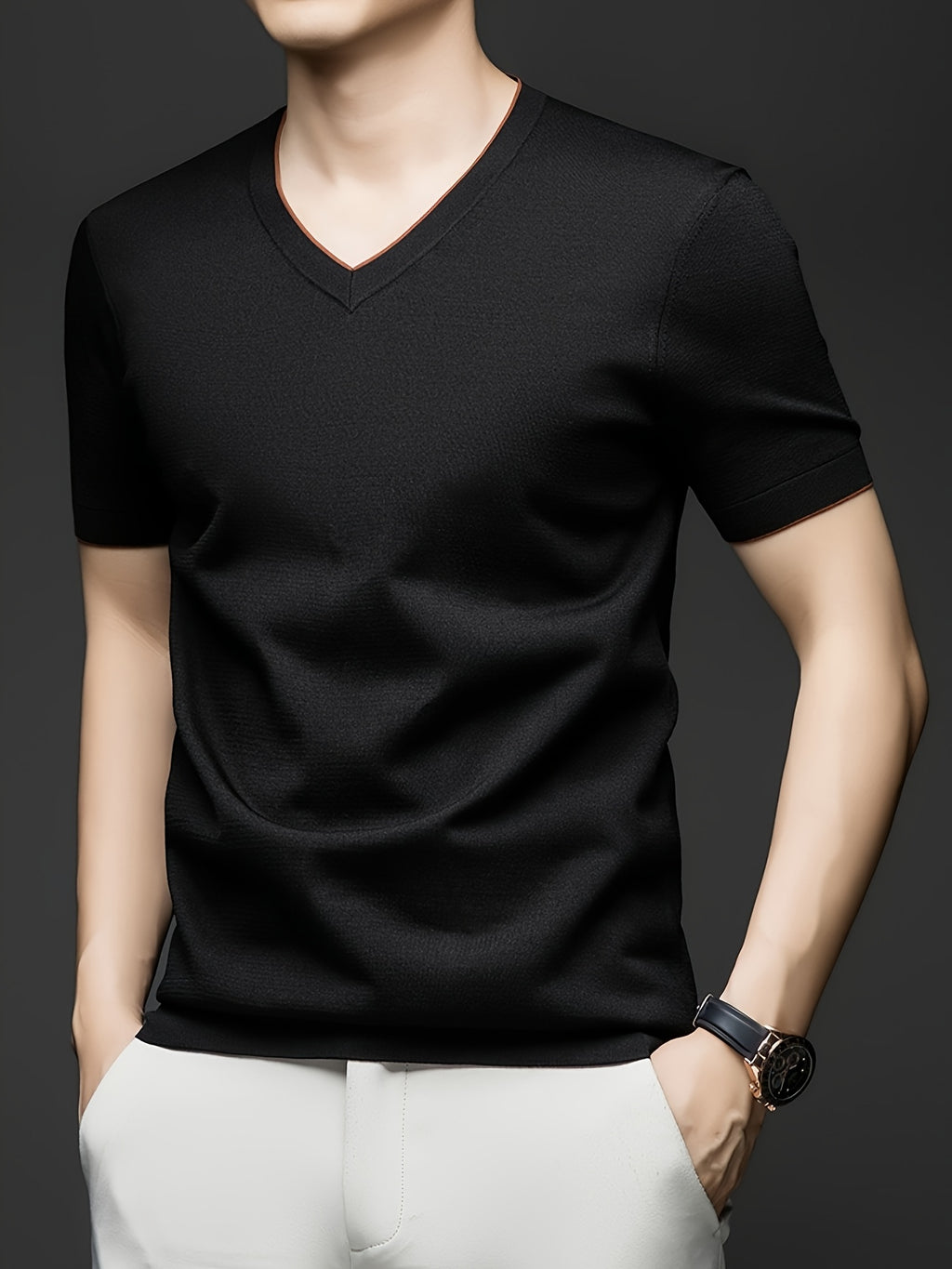 Men'S Casual Sportswear Sweater, Knitwear Summer New Men'S Casual V-Neck Pullover Short-Sleeved T-Shirt Middle-Aged Solid Color Knit T-Shirt Half-Sleeve Top - Black