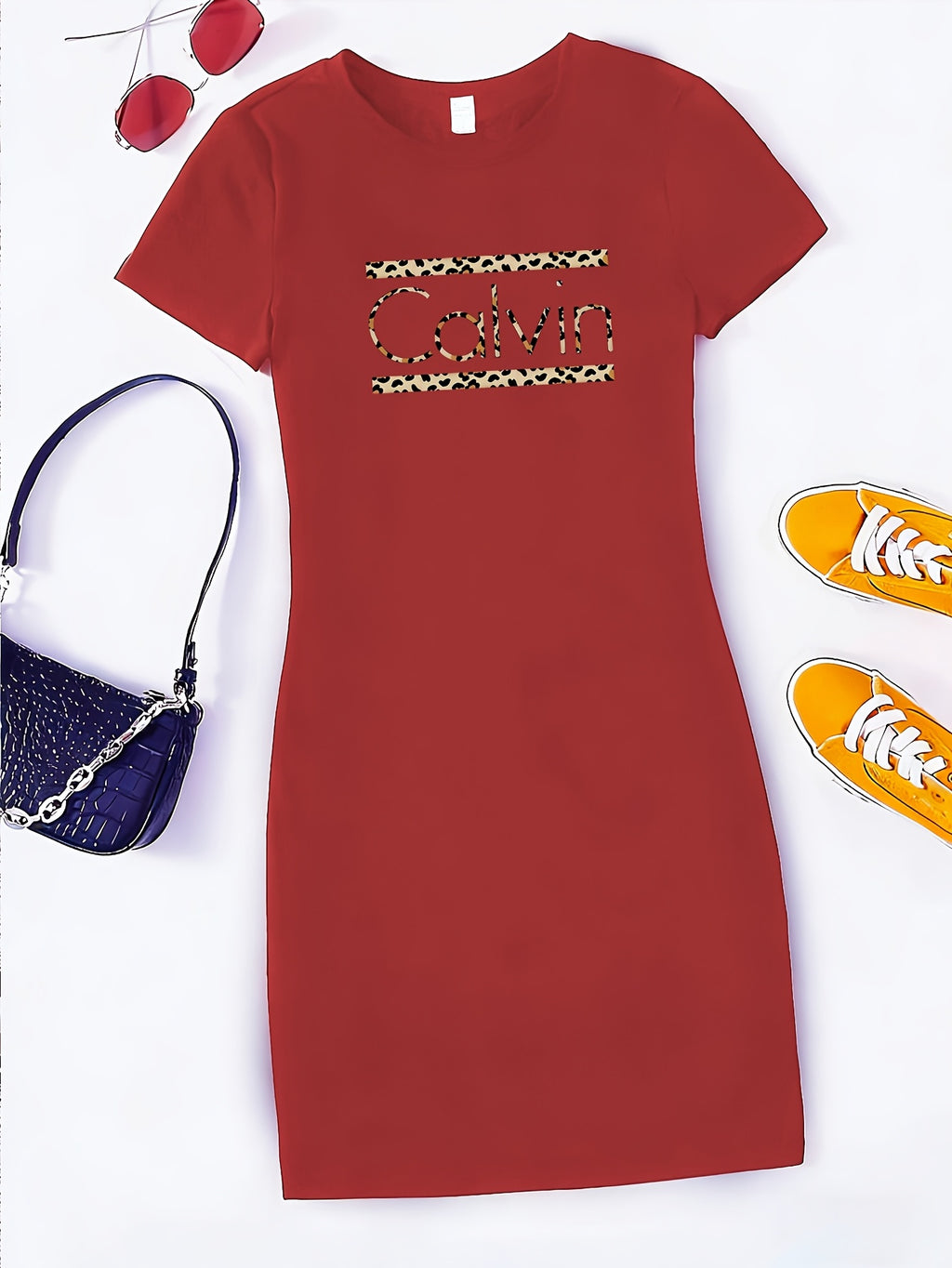 Calvin Women's Leopard Print T-Shirt Dress - Casual Short Sleeve Round Neck, Elastic Waist & Machine Washable, Spring Summer Daily Wear, Weekend Attire, Trendy Style, Comfortable Fabric, Women - The color of rouge