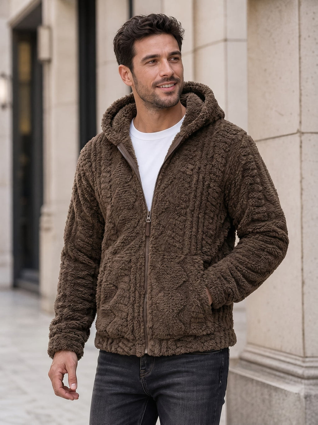 Men'S Plush Fleece Hooded Jacket, Full-Zip Long Sleeve Outerwear with Hand Pockets, Elastic Cuffs And Hem, Solid Color Textured Casual Jacket for Fall/Winter Daily Wear, Travel And Outdoor Activities - Coffee Color