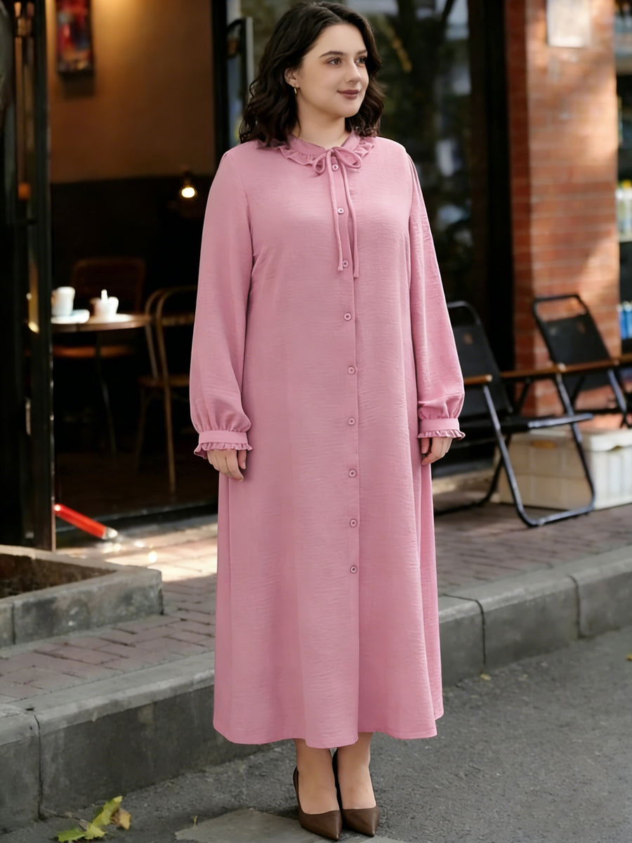 Eid Al-Fitr Abaya Dress Elegant Women'S Dress Solid Color Ruffle Round Neck Drawstring Button Long Sleeve Dress Casual Home Commute Dress - Pink Color
