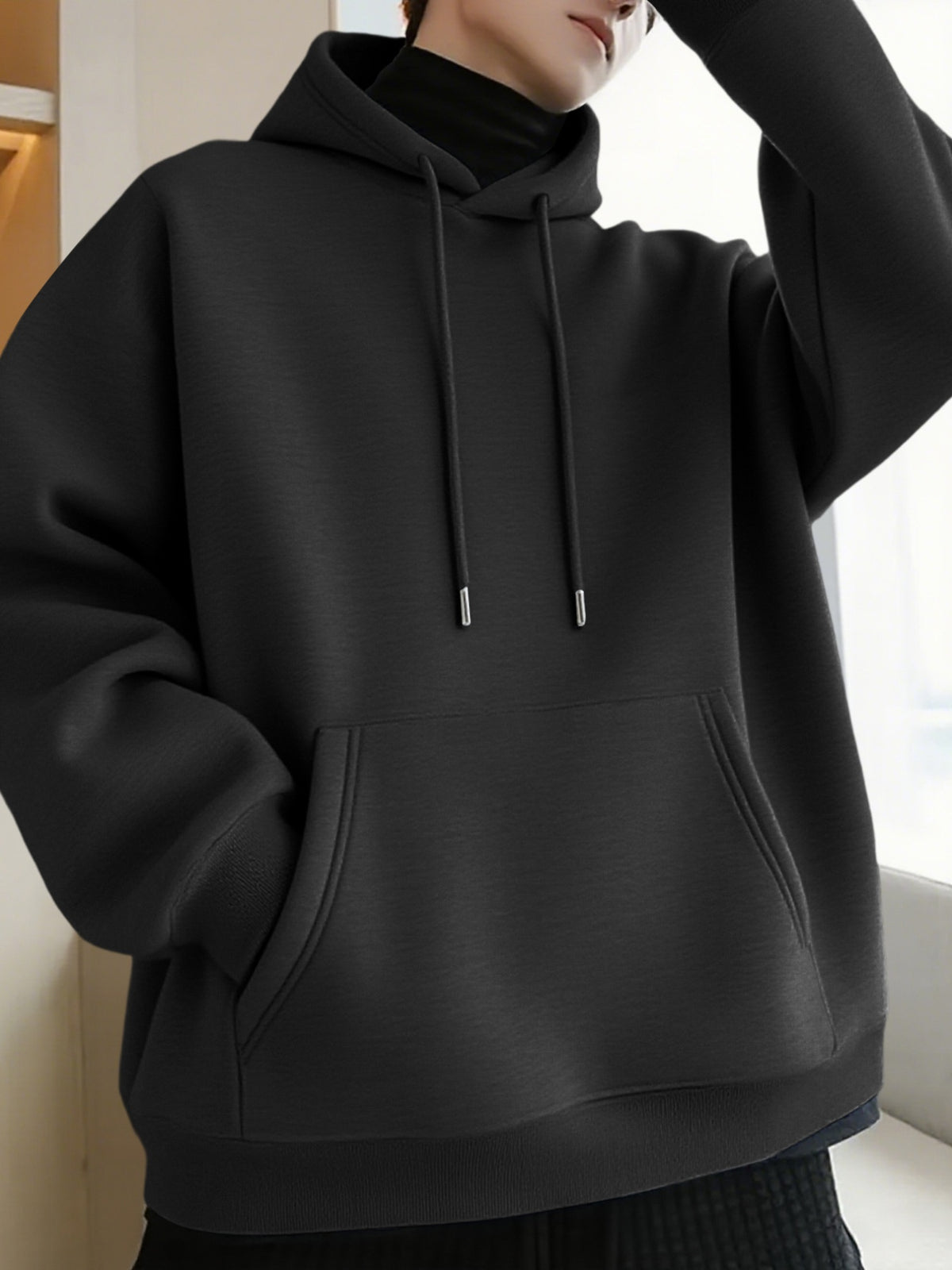 Thanksgiving Men's Hoodie with "AMOR" Blue Ink Splatter Graffiti Print on the Back, Warm and Comfortable Autumn/Winter Hooded Sweatshirt, Featuring a Practical Kangaroo Pocket, Trendy Brand-Style Stacked Letter Pattern and Floral Design - Black