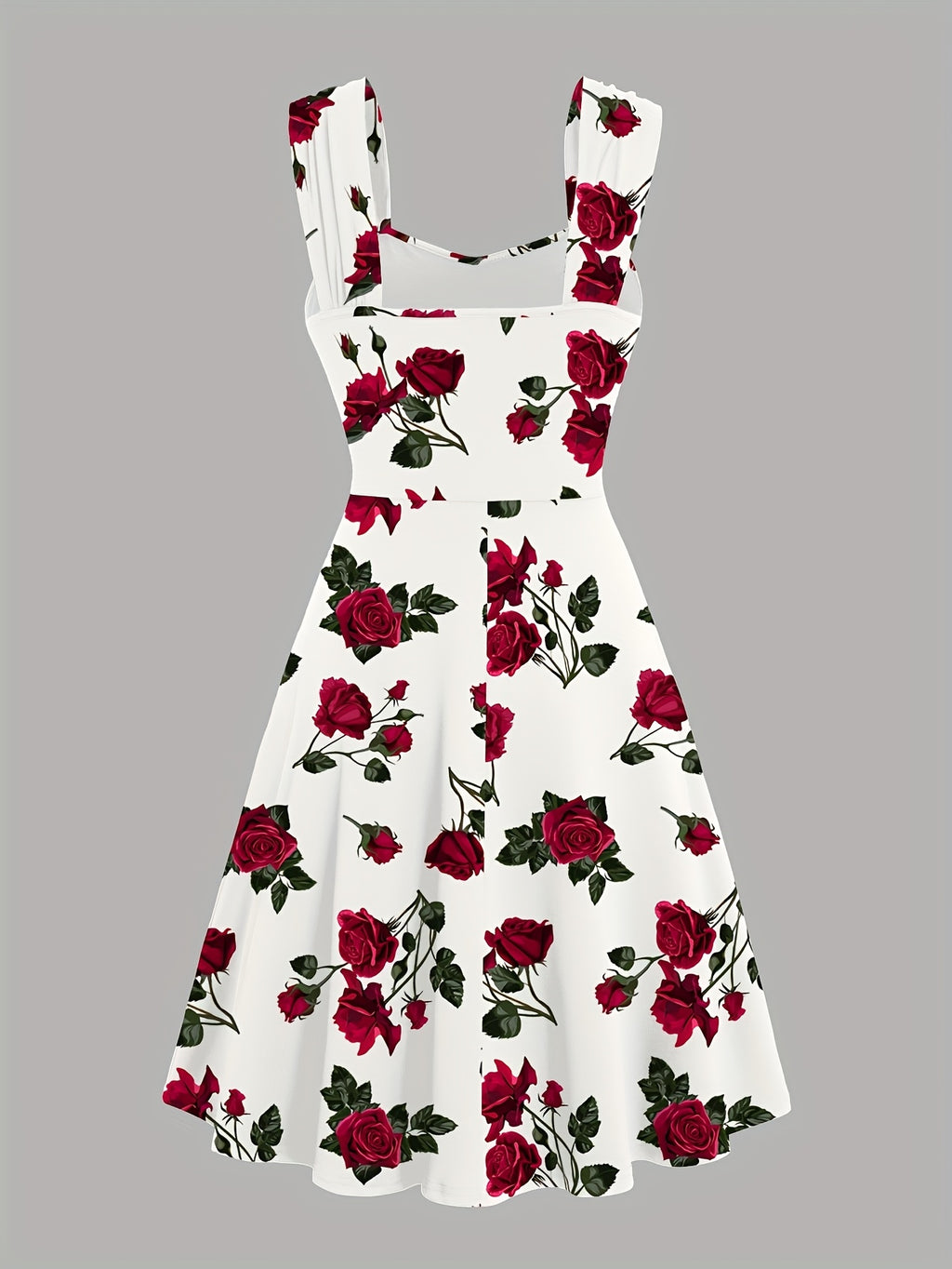 Elegant Casual Dress with a Rose Print, Front Pleats, Cross Wide Shoulder Straps, And Off-Shoulder Design - White