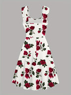 Elegant Casual Dress with a Rose Print, Front Pleats, Cross Wide Shoulder Straps, And Off-Shoulder Design - White