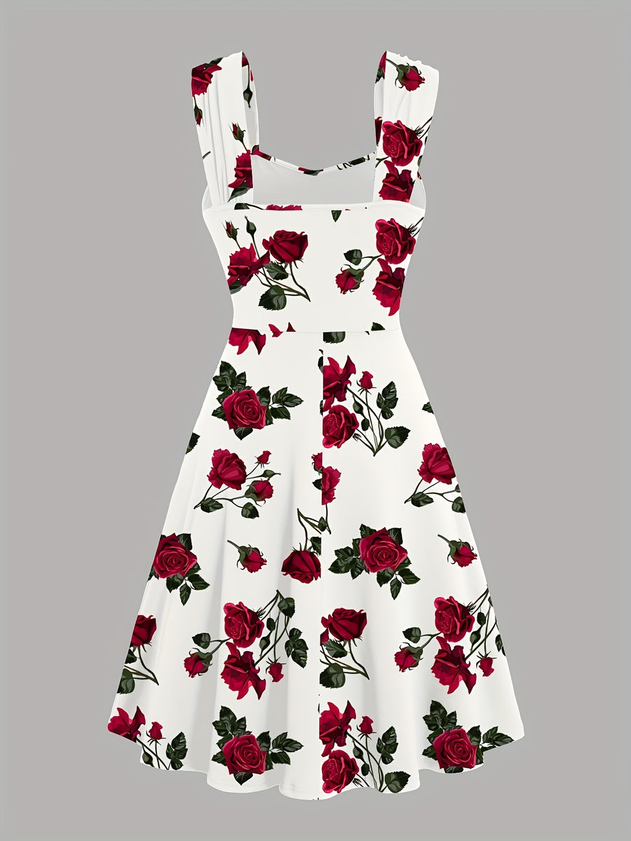 Elegant Casual Dress with a Rose Print, Front Pleats, Cross Wide Shoulder Straps, And Off-Shoulder Design - White