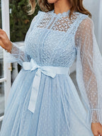 New Elegant Wedding Guest Dress for Women with Mesh Lace Patchwork and Bow Decoration - Light Blue