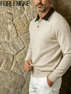 FORLENGKE Fall/Winter Men's Color-Block Collar Polo Knit Sweater with Textured Fabric, Turn- Collar Pullover Top, Casual and Versatile Knitwear for Men, Suitable for Work, Parties, and Various Occasions, Can Be Worn Inside or Out, Basic Top - Apricot