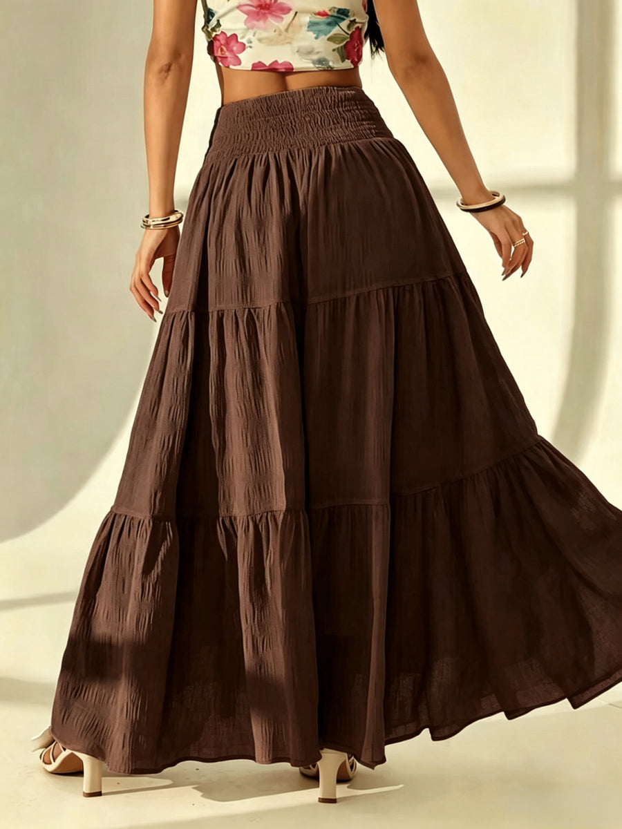 Bohemian Tiered Maxi Skirt, High-Waist Smocked A-Line Flowy Long Skirt, Casual Loose Pleated Solid Color Skirt for Beach Vacation Daily Wear, Women'S Fashion - Coffee Brown