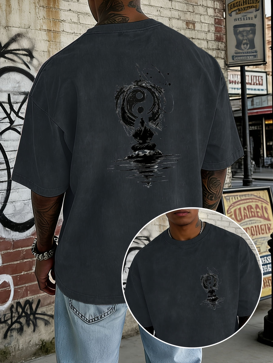 Washed and Distressed Pure Cotton Short-sleeve T-shirt with Trendy Double-sided Print Featuring Tai Chi, Zen, and Meditating Ink Wash Art. Available in 12 Colors for Mix-and-match Styling. Loose-fit Men's Top in High Street Y2K Style - Navy Color