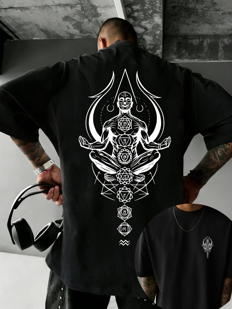 Men's 100% Pure Cotton T-Shirt, Zen Chakra Print, Breathable and Soft, for All Seasons, Casual Daily Commute - Black