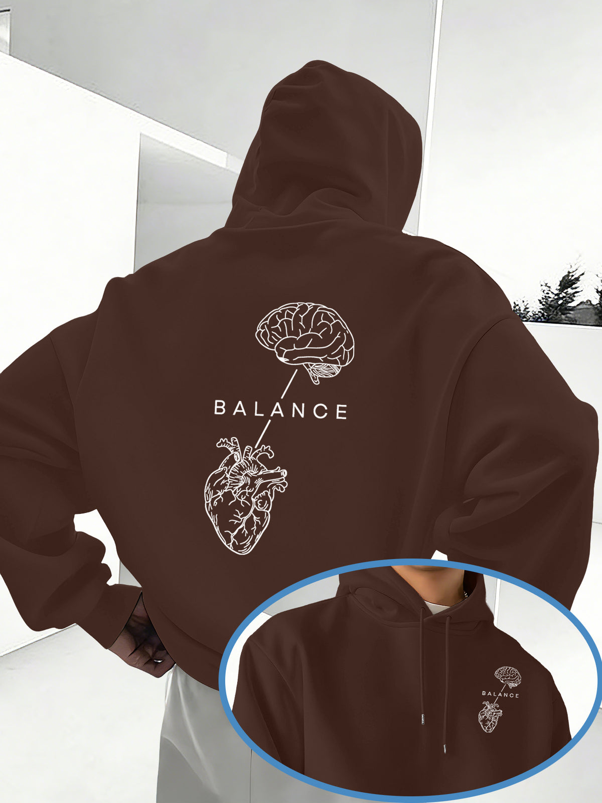 Minimalist Trendy Unisex Hoodie with Brain And Heart Balance Print - Coffee Color