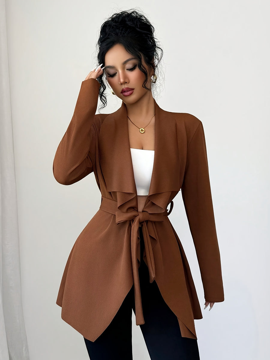 New Women's Spring/Autumn Elegant and Fashionable Commuter Long-Sleeve Textured Lapel Cardigan with Belted Waist, Thin Outerwear - Dark Brown
