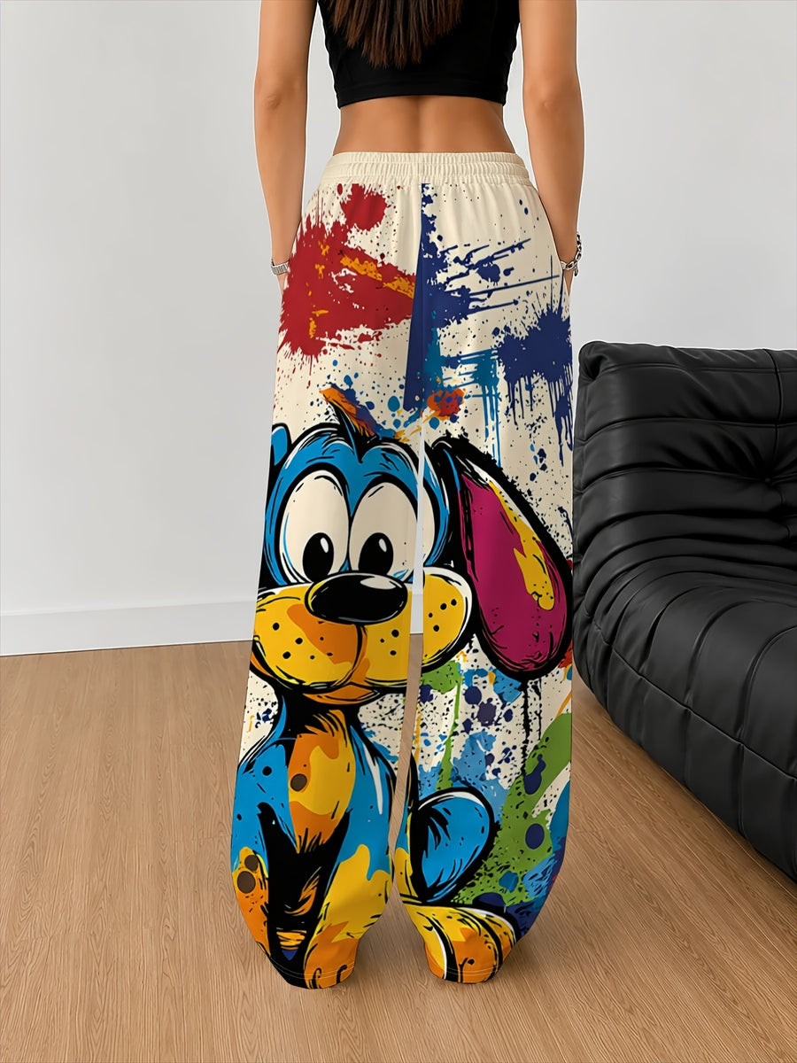 [Printed Design - Not Textured] Women'S Fashion Casual Wide-Leg Pants Cartoon Colorful Polka Dot Dog Ink Splatter Printed Long Trousers Drawstring Elastic Waist Spring Autumn Outdoor Long Style Pants - Mixed colors