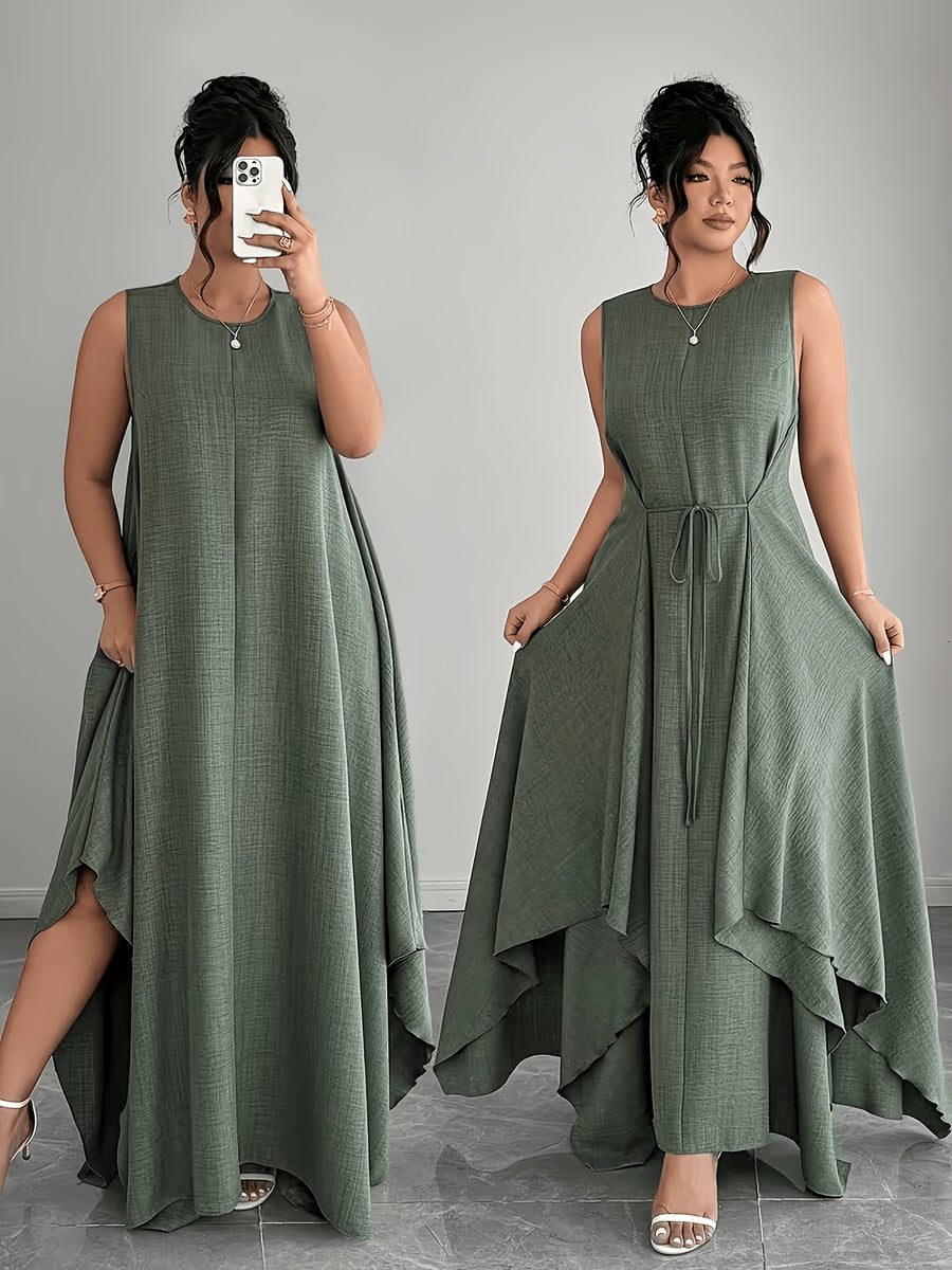 Elegant Solid Color Dress - Olive Green