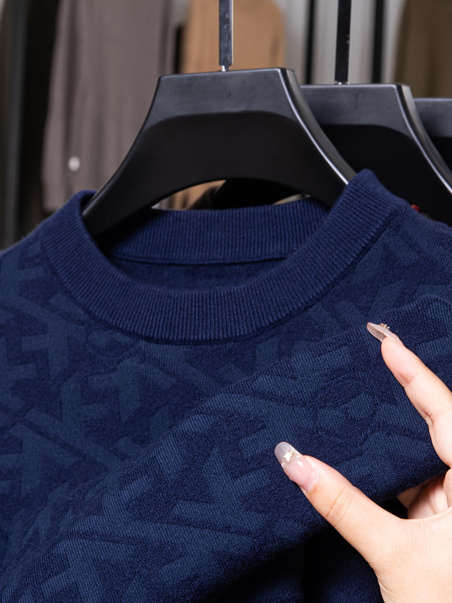 Men'S Round Neck Jacquard Sweater Spring Autumn Tight Thin Business Casual Knit Pullover Top - Shangqing