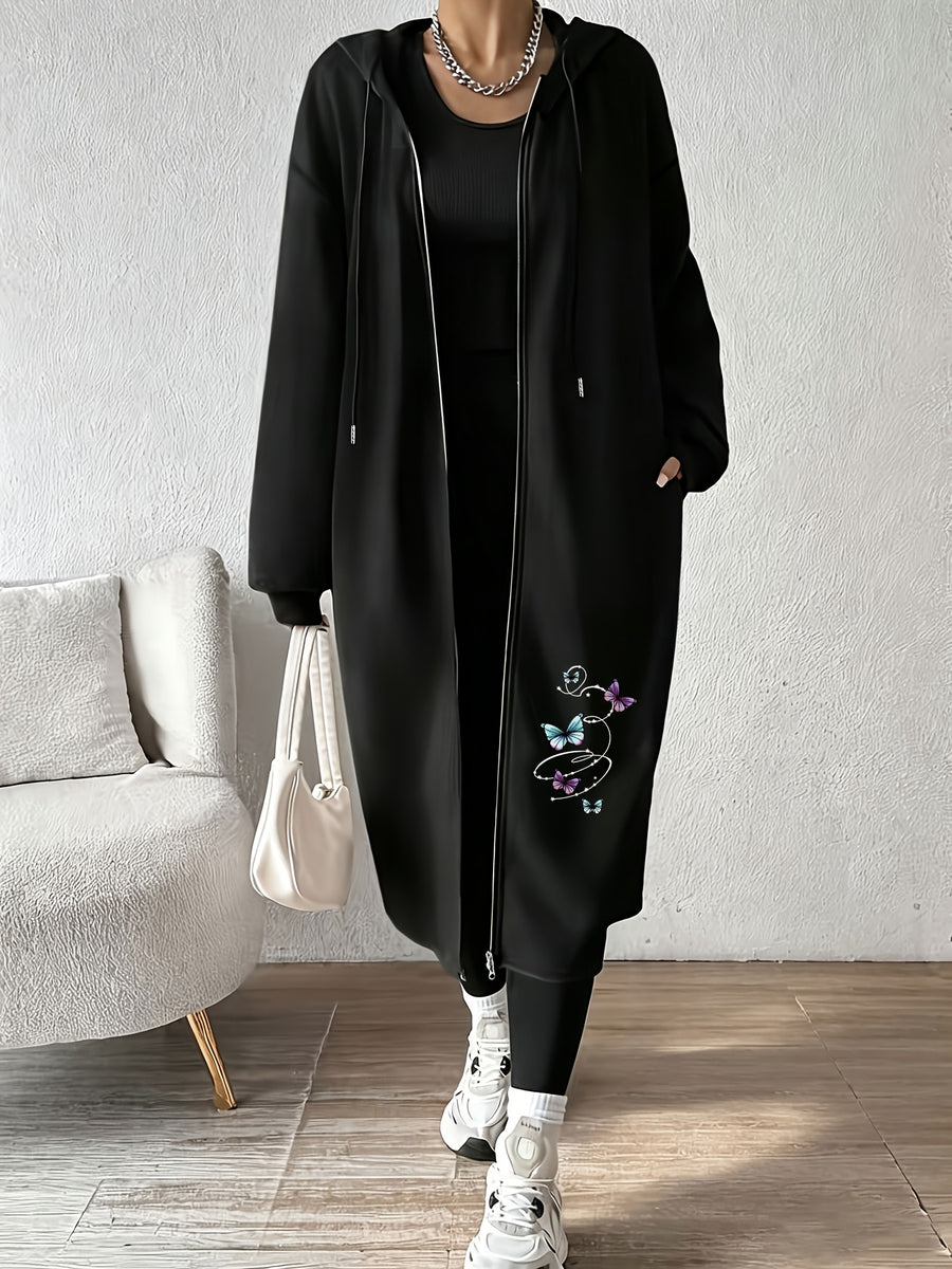Women's Fashion Color-Block Zip-Up Jacket with Butterfly Pattern Print - Black