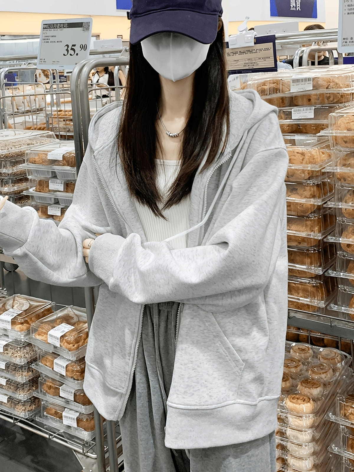 Women'S 2026 Autumn Winter New Hooded Jacket Small Size Thin Lazy Style Loose Cardigan Top - White and Grey