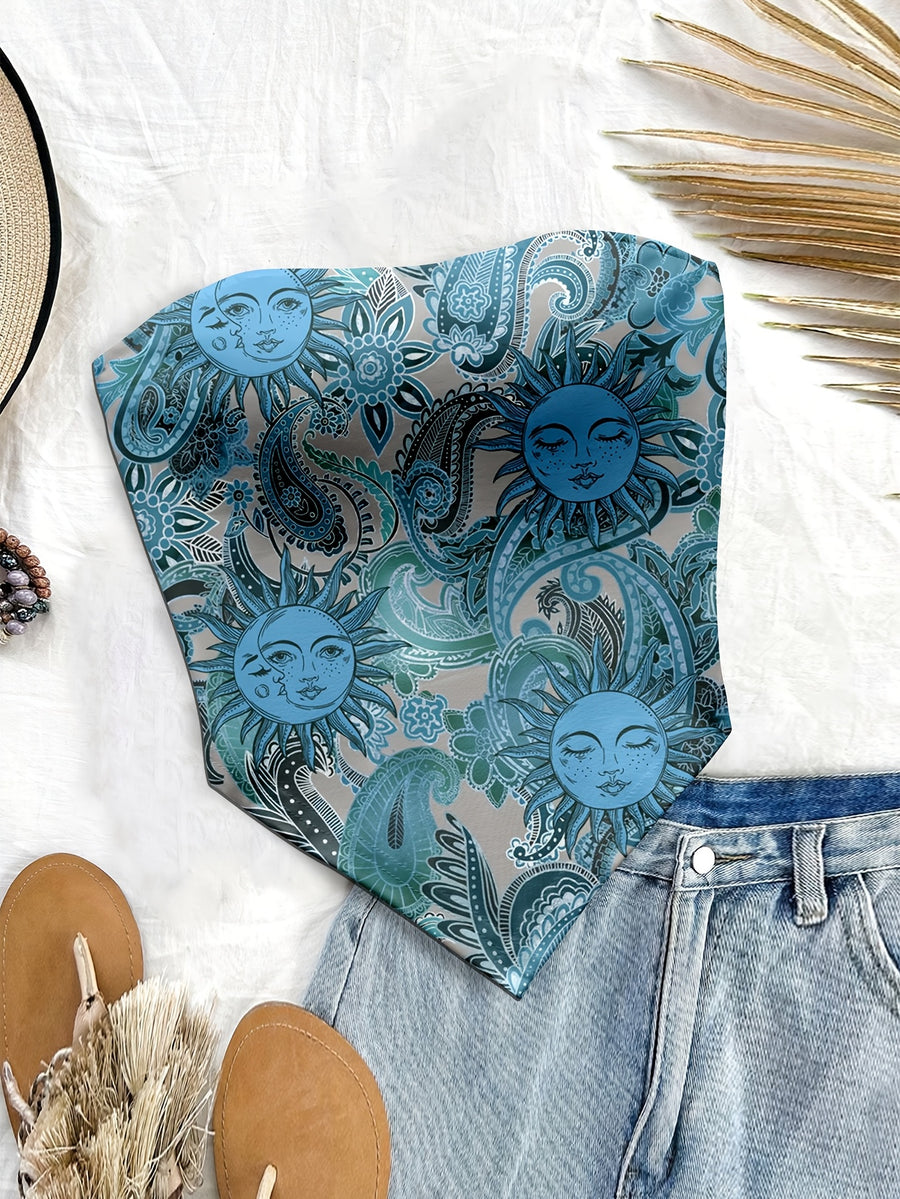 Women'S Spring/Summer New Brand Special Boho Beach Tropical Vacation Outfits | Retro Sun Pattern Print Slim Fit Bustier Crop Tops with Asymmetrical Bandeau Collar - Sea Blue