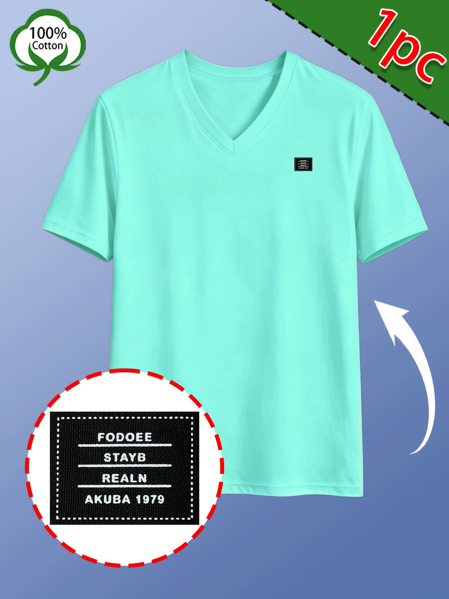 Men's Casual 100% Cotton V-Neck T-Shirt, Summer Sports Short-Sleeve Top, Plain Weave Knit with Distinctive Design, Durable and Pilling-Resistant, Pure Cotton Soft, Breathable, and Refreshing Without Feeling Stuffy, Comfortable, High-Quality - Viridity
