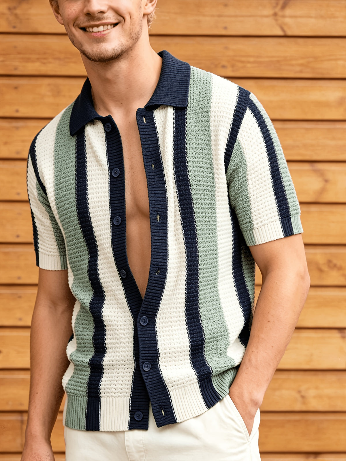 Men'S Color-Block Short-Sleeved Hollow Knit Cardigan Is Suitable for Summer And Autumn Fashion Breathable Open Knit Top - Navy Blue + Off-White + Pink Green