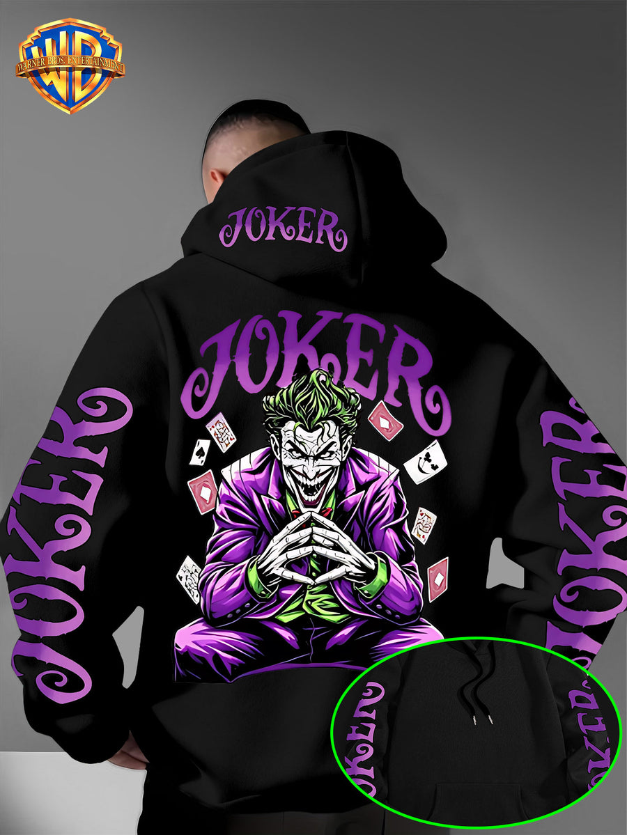 Warner Bros. Fashion Poker Joker Print, Hat Design Pattern, Multi-functional Street Style Men's Hooded Sweatshirt, Comfortable and Casual, Suitable for Autumn and Winter Wear - Black