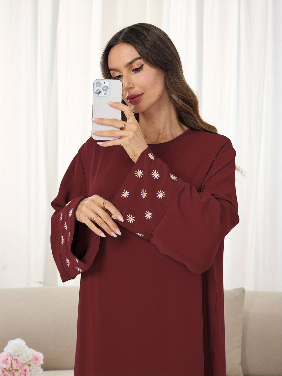 1pc (Headscarf Not Included) Elegant Cute Cuffed Small Daisy Embroidery Dress, Fashionable, Elegant, And Casual Abaya Dress with Embroidered Small Chrysanthemums at The Cuffs, No Scarf, Solid Color, Suitable for Daily Wear - Burgundy
