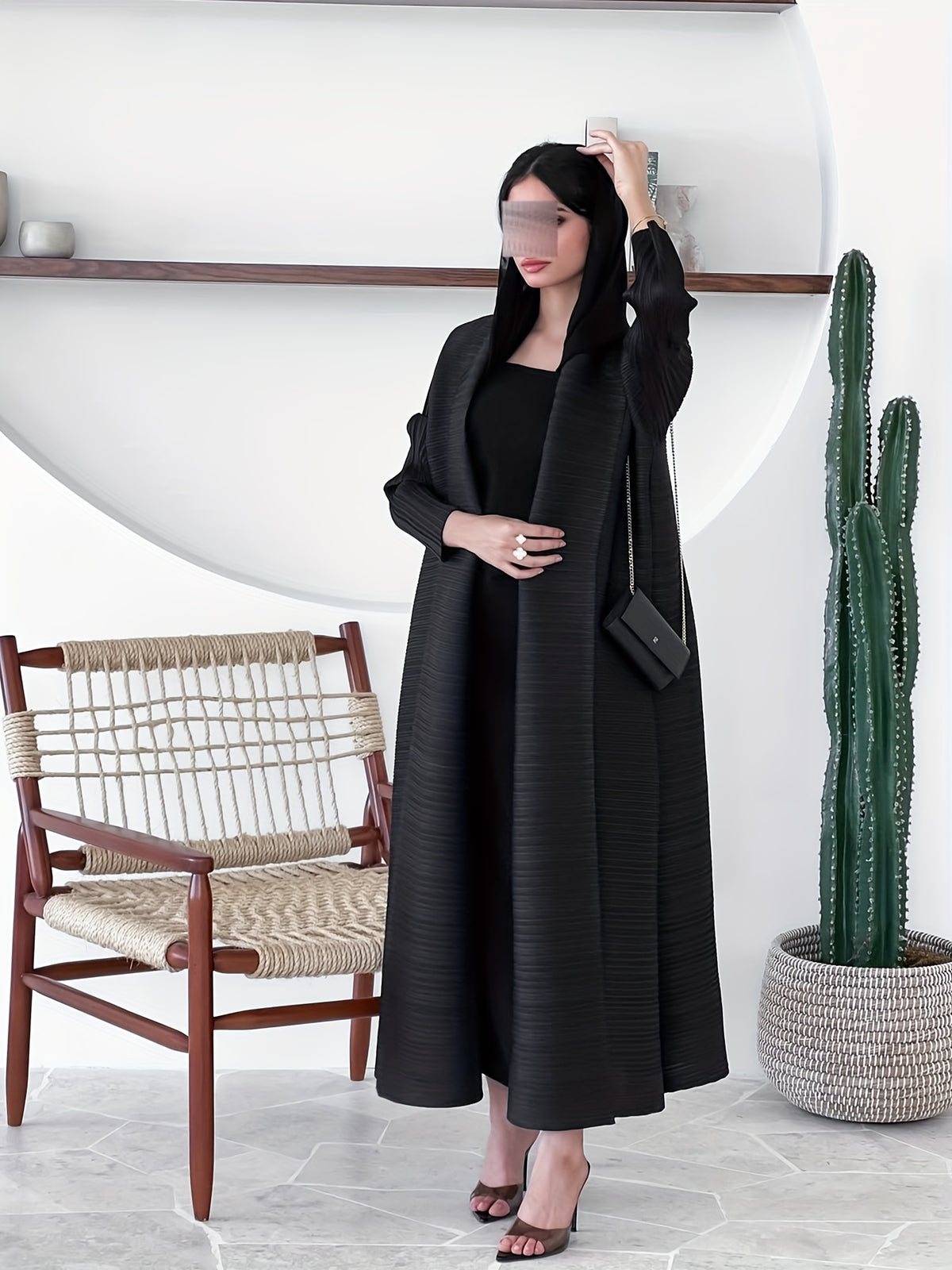 Middle Eastern Women's Clothing: Three-Yard Pleat Muslim Robe, Solid Color Cardigan Outerwear Cape - Black