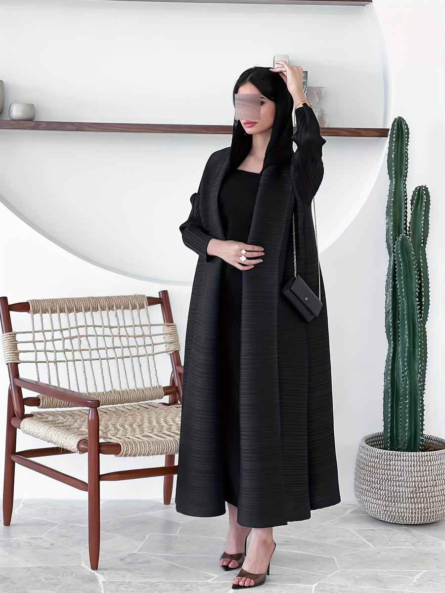 Middle Eastern Women's Clothing: Three-Yard Pleat Muslim Robe, Solid Color Cardigan Outerwear Cape - Black