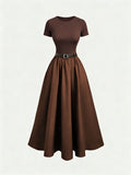 Round Neck Short Sleeve Dress with Belt, Temperament And Beauty, Women'S Spring Summer New Women'S Clothing, Most Frequently Purchased Women'S Clothing by Koreans, Casual Elegant Women'S Clothing, Hot Styling, Women'S Dress, Summer Clothing, Summer - Coffee Brown