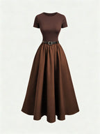 Round Neck Short Sleeve Dress with Belt, Temperament And Beauty, Women'S Spring Summer New Women'S Clothing, Most Frequently Purchased Women'S Clothing by Koreans, Casual Elegant Women'S Clothing, Hot Styling, Women'S Dress, Summer Clothing, Summer - Coffee Brown