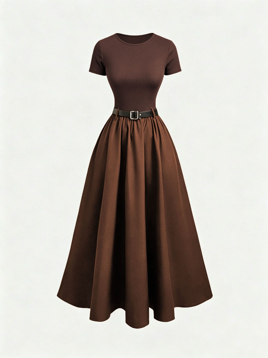 Round Neck Short Sleeve Dress with Belt, Temperament And Beauty, Women'S Spring Summer New Women'S Clothing, Most Frequently Purchased Women'S Clothing by Koreans, Casual Elegant Women'S Clothing, Hot Styling, Women'S Dress, Summer Clothing, Summer - Coffee Brown
