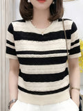 Summer Round Neck Hollow Color Blocking Short-Sleeved Top, Korean Style Color Blocking Striped Hollow Sweater Women'S Summer Round Neck Thin Short-Sleeved Top Fashionable Versatile Breathable Comfortable Inner Wear Outer Wear T-Shirt - Black