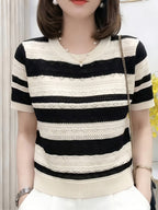 Summer Round Neck Hollow Color Blocking Short-Sleeved Top, Korean Style Color Blocking Striped Hollow Sweater Women'S Summer Round Neck Thin Short-Sleeved Top Fashionable Versatile Breathable Comfortable Inner Wear Outer Wear T-Shirt - Black