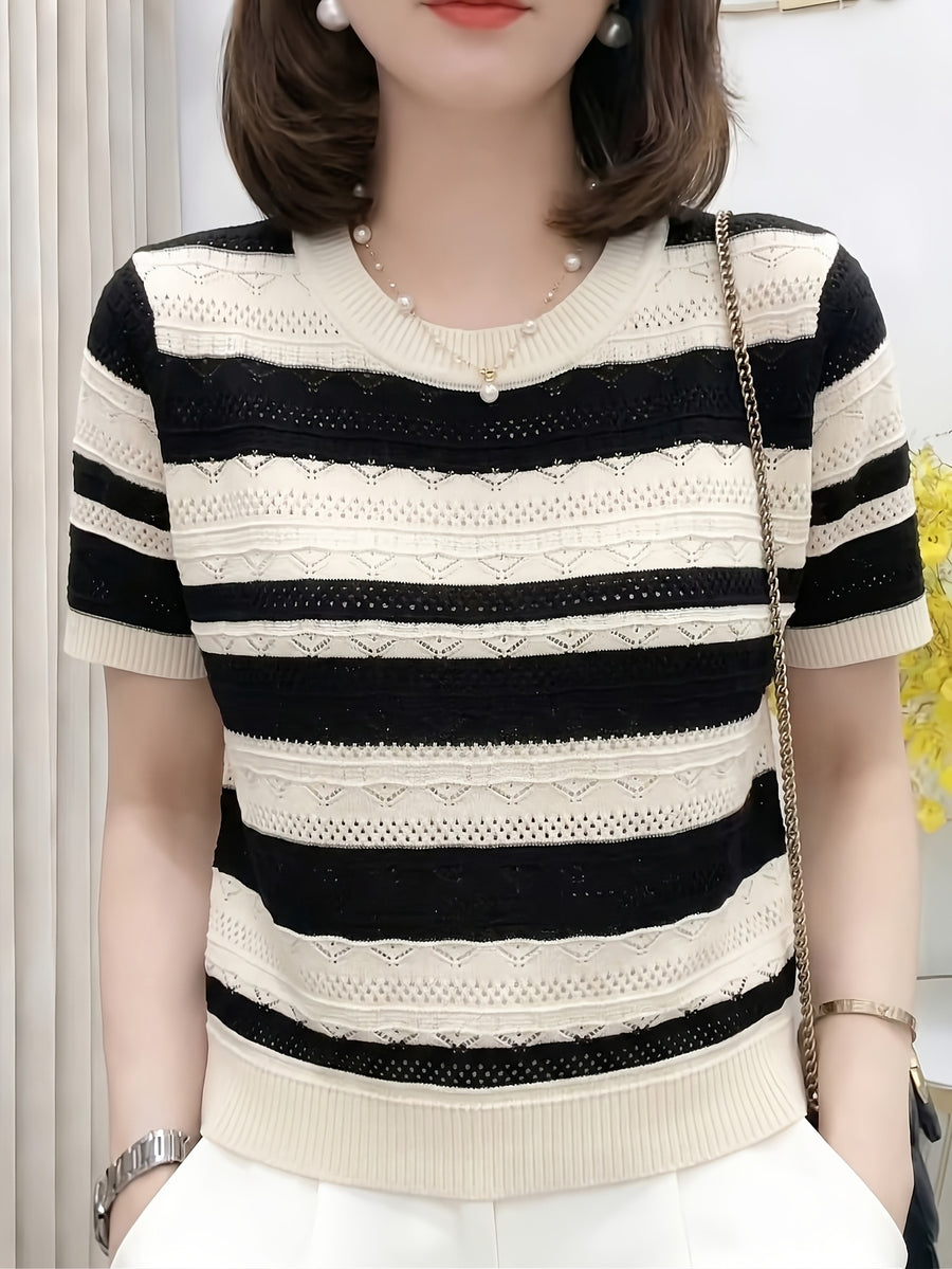 Summer Round Neck Hollow Color Blocking Short-Sleeved Top, Korean Style Color Blocking Striped Hollow Sweater Women'S Summer Round Neck Thin Short-Sleeved Top Fashionable Versatile Breathable Comfortable Inner Wear Outer Wear T-Shirt - Black