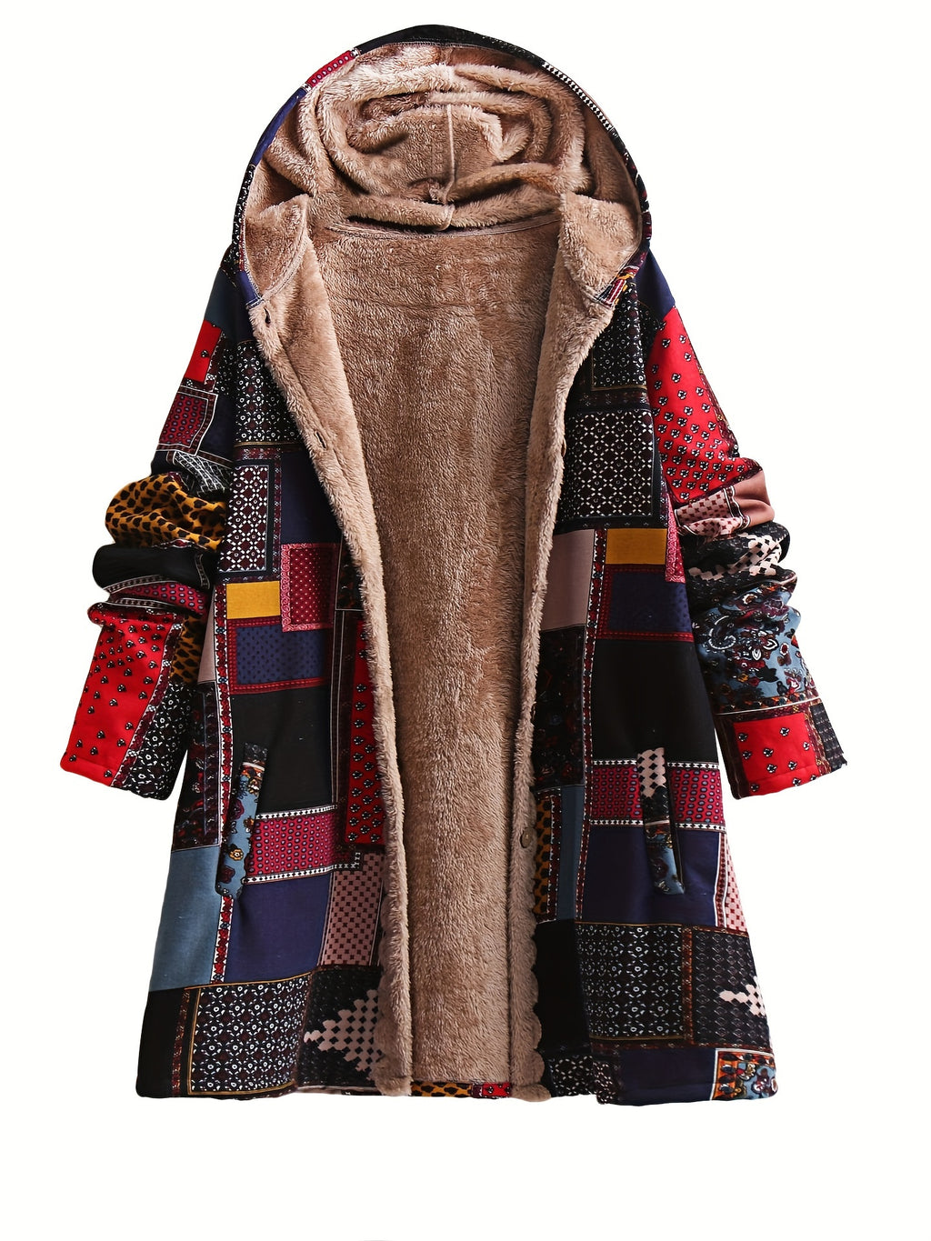 DD04091206 Women's Autumn/Winter New Arrival Printed -Lined Thickened Single-Breasted Hooded Long-Sleeve Jacket with Pockets - Red