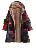 DD04091206 Women's Autumn/Winter New Arrival Printed -Lined Thickened Single-Breasted Hooded Long-Sleeve Jacket with Pockets - Red