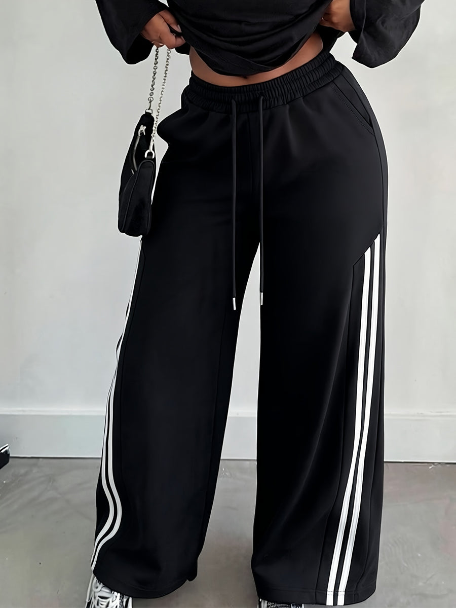 Halloween Autumn/Winter 2027NEW Women's Drawstring Waist Pocket Patchwork Casual Sweatpants, Ladies' Spring Autumn Casual Drawstring, Pockets, Side Stripe Natural Straight Leg Long Loose Pants, Casual Daily Wear, Back to - Black