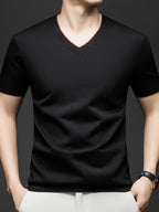 Men'S Summer Short-Sleeved T-Shirt, V-Neck Color-Blocking Details, a Slightly Slim Fit That Conforms to The Body, Showing Neat Lines Without Being Tight, Suitable for Daily Leisure/Weekend Travel Scenarios, And Light Social Scenarios - Black
