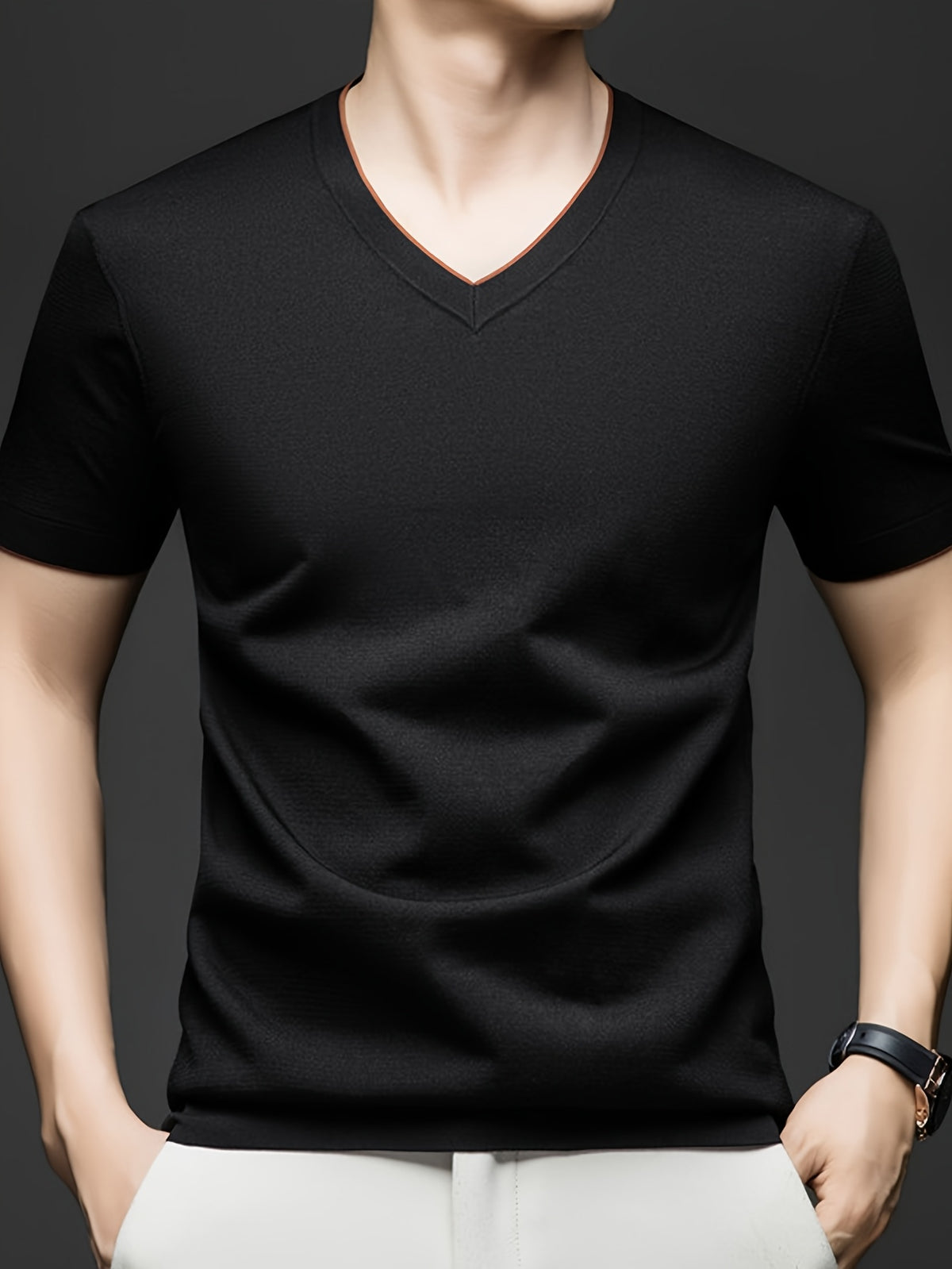Men'S Summer Short-Sleeved T-Shirt, V-Neck Color-Blocking Details, a Slightly Slim Fit That Conforms to The Body, Showing Neat Lines Without Being Tight, Suitable for Daily Leisure/Weekend Travel Scenarios, And Light Social Scenarios - Black