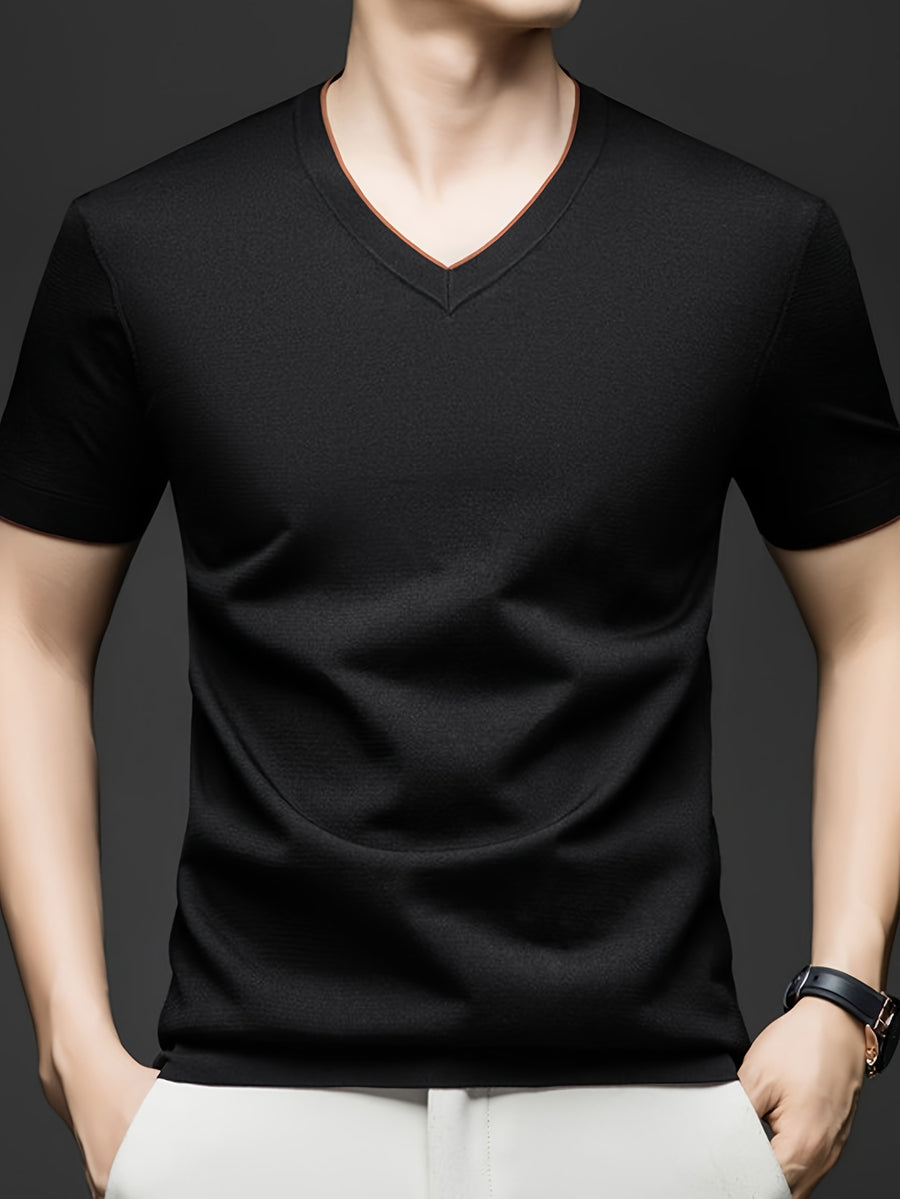 Men'S Summer Short-Sleeved T-Shirt, V-Neck Color-Blocking Details, a Slightly Slim Fit That Conforms to The Body, Showing Neat Lines Without Being Tight, Suitable for Daily Leisure/Weekend Travel Scenarios, And Light Social Scenarios - Black