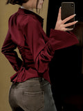 Elegant Women'S Solid Color Shirt, Back Long Sleeve Blouse, Suitable for All Seasons - Deep Red