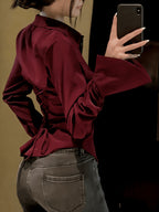 Elegant Women'S Solid Color Shirt, Back Long Sleeve Blouse, Suitable for All Seasons - Deep Red