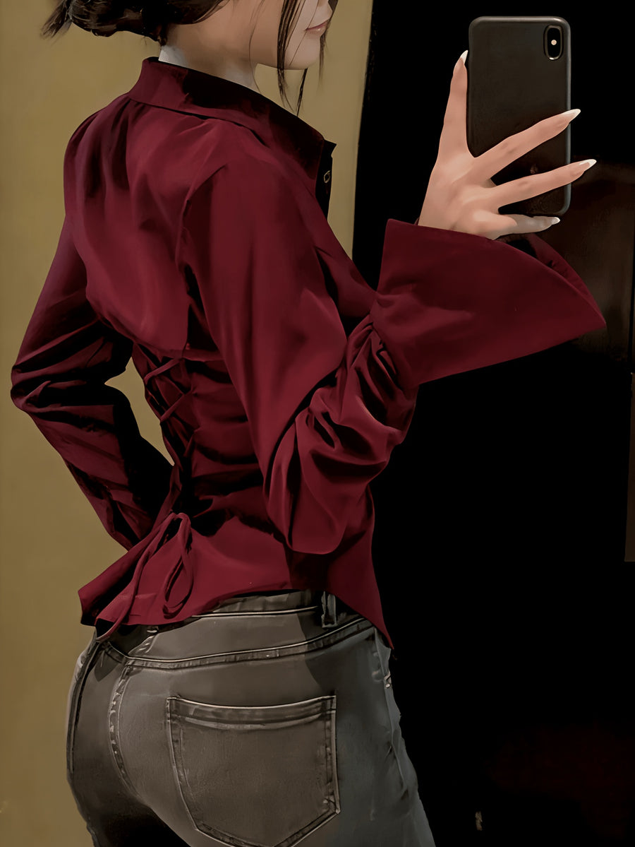 Elegant Women'S Solid Color Shirt, Back Long Sleeve Blouse, Suitable for All Seasons - Deep Red