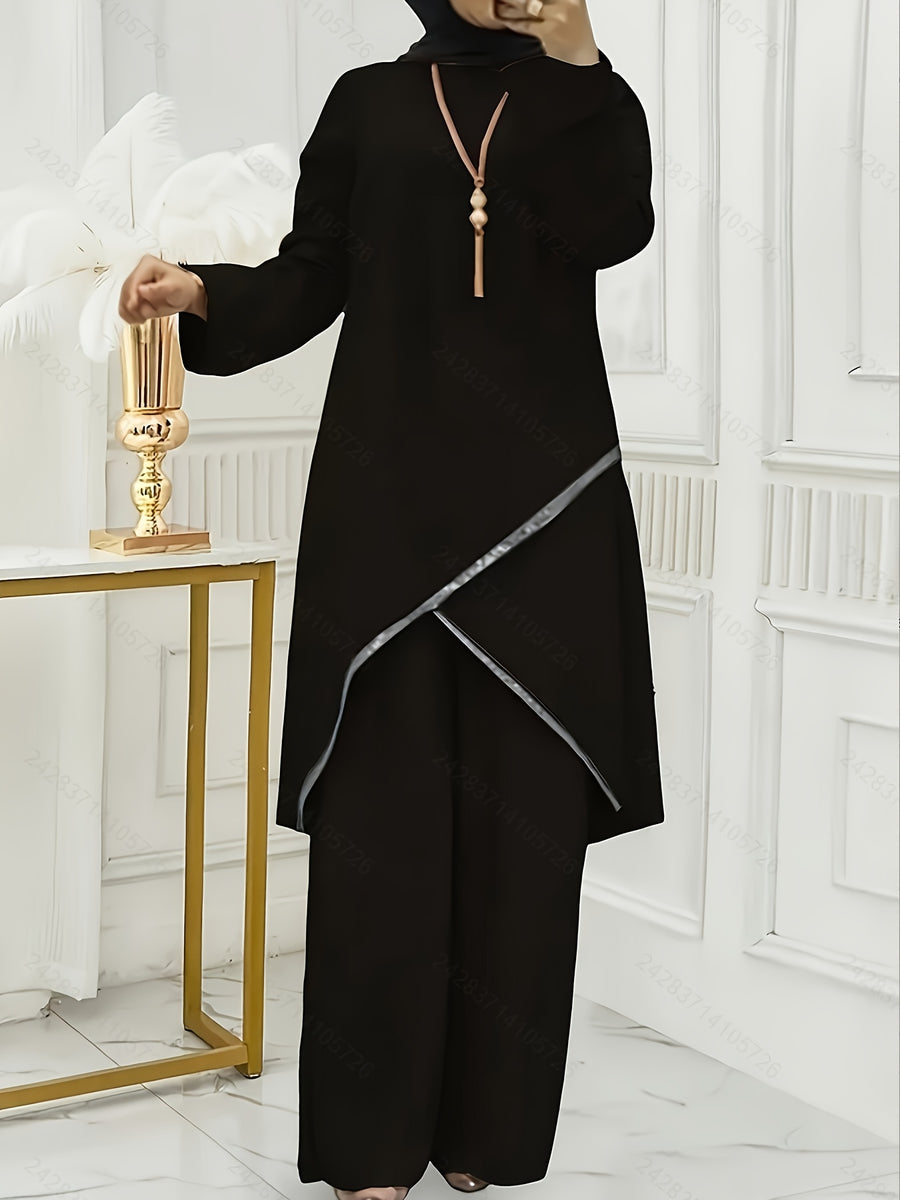 720# Solid Color Spring And Summer Muslim Two-Piece Outfit, Round Neck Sequin Long-Sleeve Top And Loose-Fit Trousers Casual Ensemble - Black