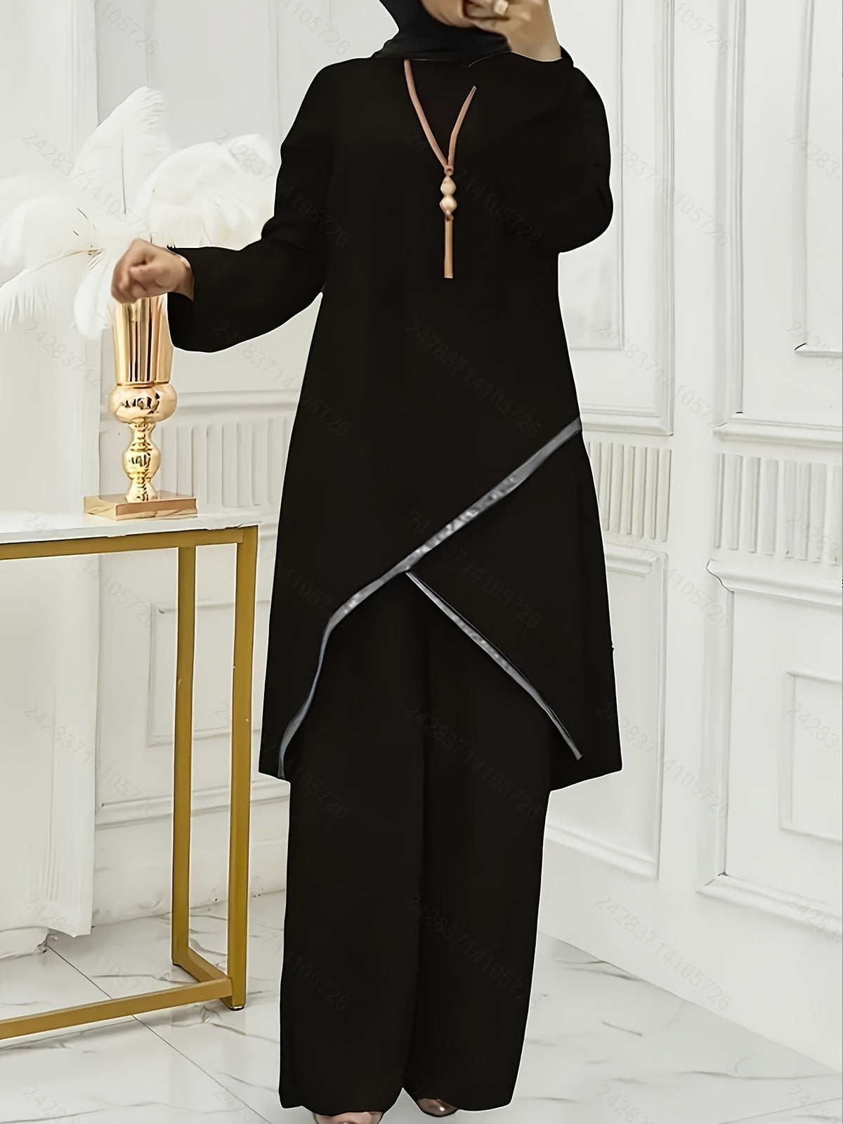 720# Solid Color Spring And Summer Muslim Two-Piece Outfit, Round Neck Sequin Long-Sleeve Top And Loose-Fit Trousers Casual Ensemble - Black