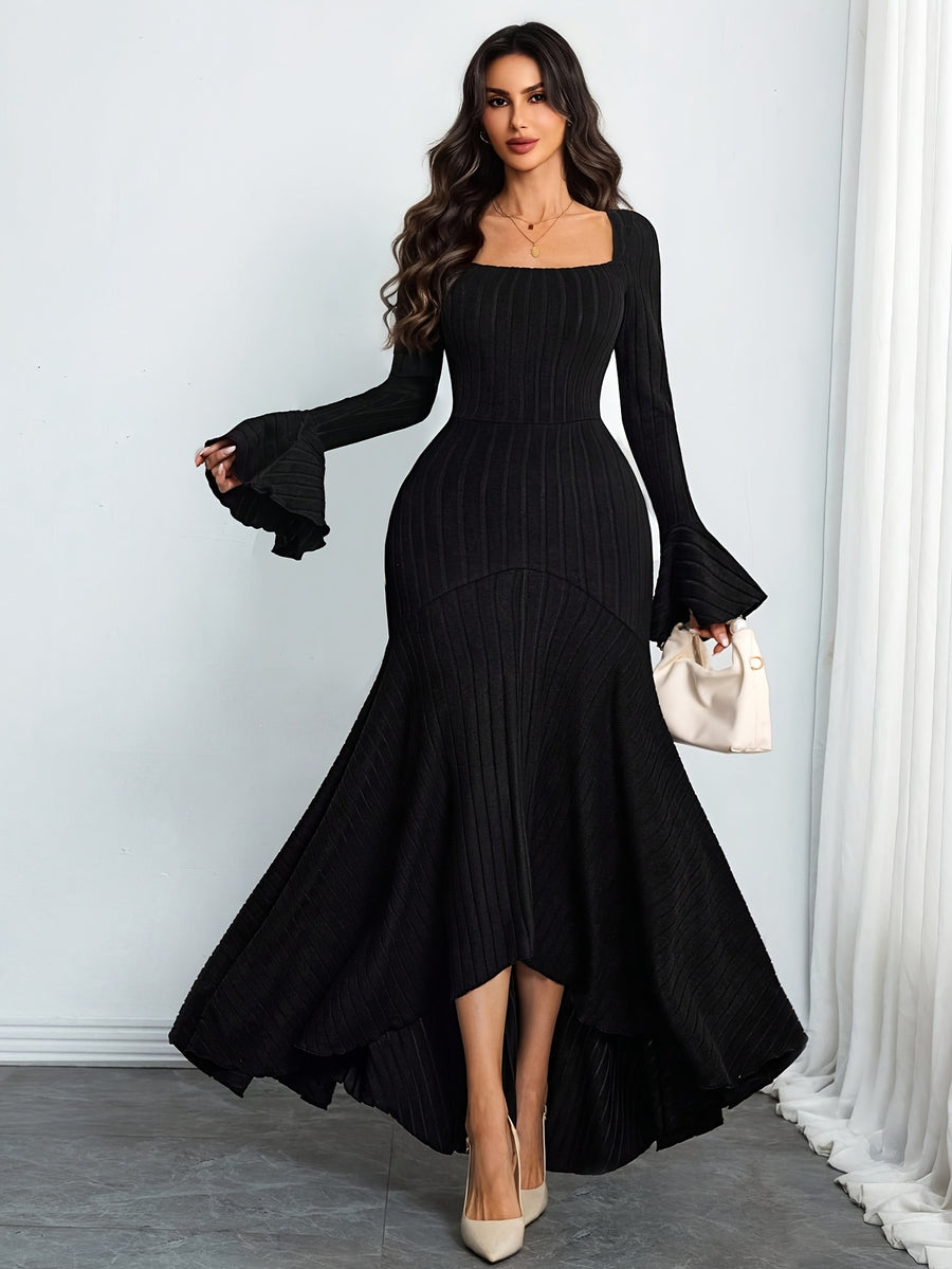 Fashionable Light Luxury Style Square Neck Flared Sleeve Slim-fit Ribbed Irregular Full-skirt Dress - Black
