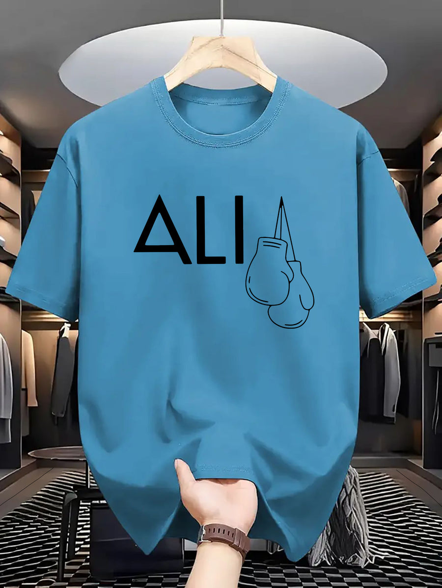 Men's Casual and Fashionable Letter Printed T-shirt, Round Neck Comfortable Polyester Fabric, Suitable for Daily Wear as Fashionable Streetwear, Men's Clothing - Peacock Blue