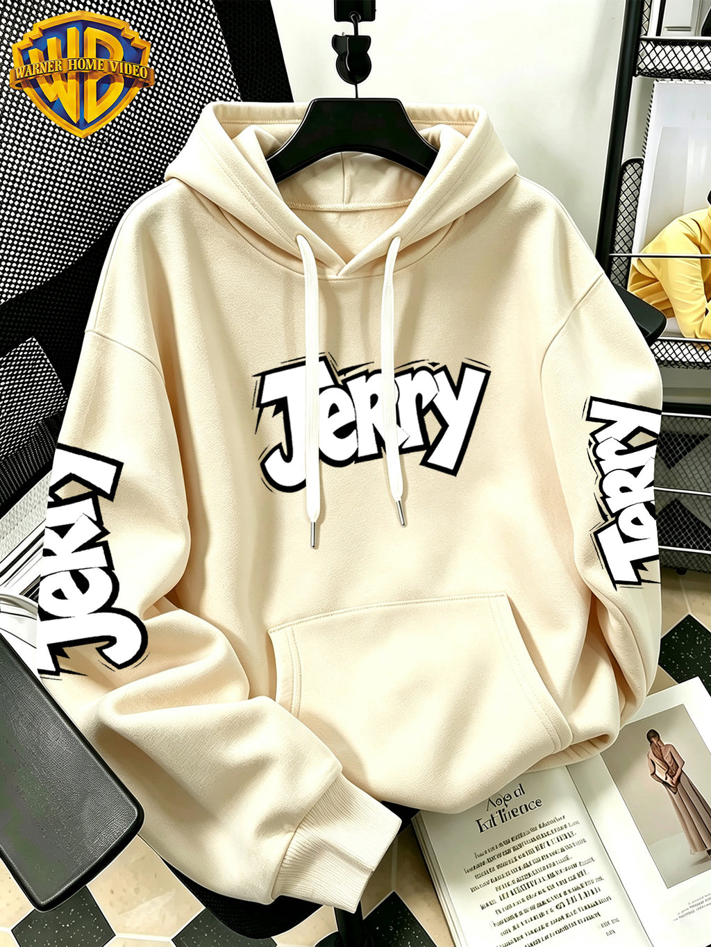 Authorized by Warner Bros., 2026 New Fun Cartoon Print, Men'S Hoodie, Hooded Sweatshirt, Kangaroo Pocket And Drawstring Hat, Suitable for Daily And Outdoor Sports Wear, Autumn And Winter Warm Jacket, Fashionable Jacket - Apricot