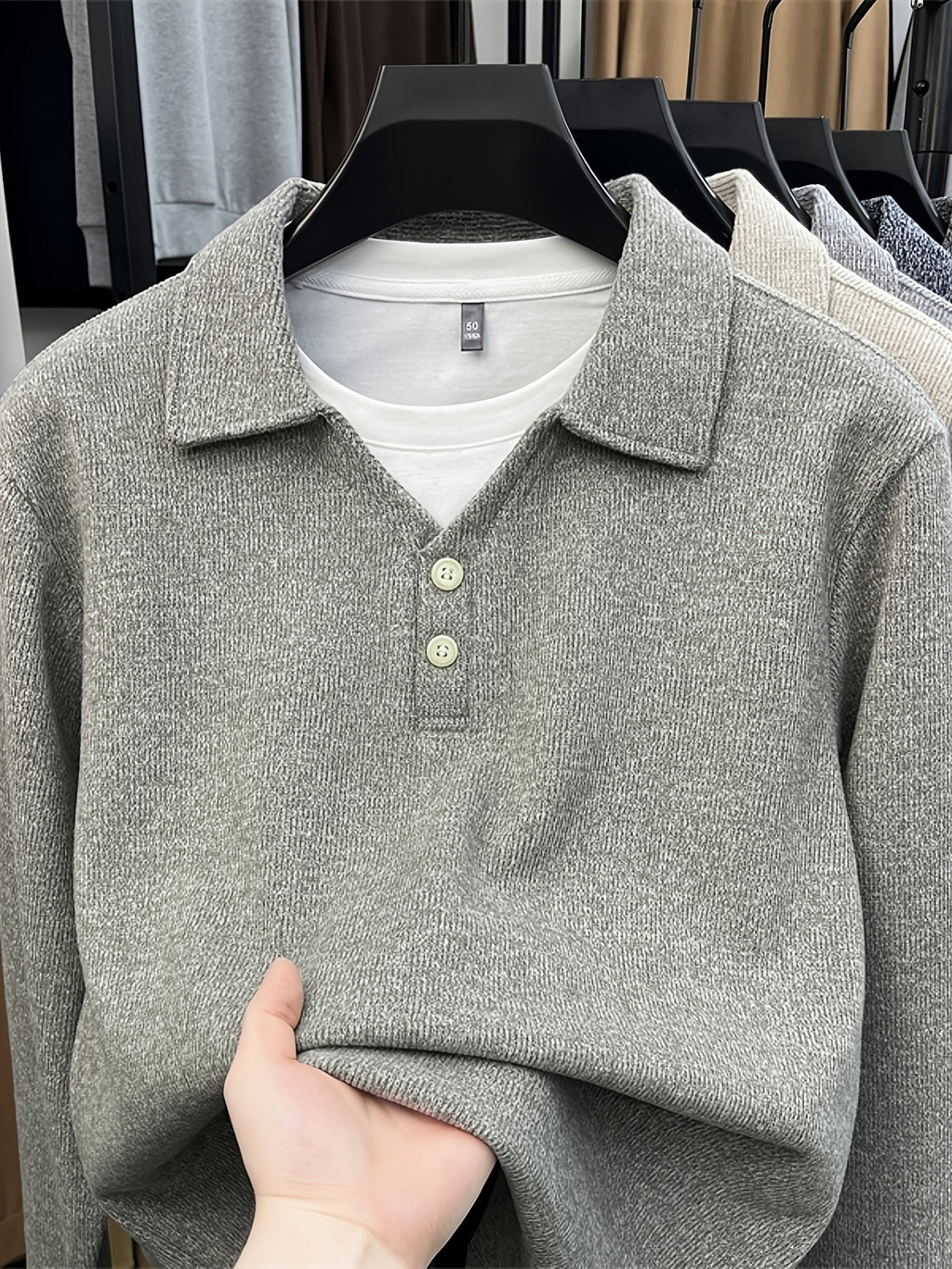 New Autumn/Winter Men's Pullover, Faux 2pcs Long Sleeve Lapel Knit Sweater, Geometric Pattern Men's Button-Up Sweater, Business Casual Fashion Versatile Solid Color Men's Top, Suitable for Daily Outings in Spring and Autumn, Men's Gift, First Choice - Dark Green