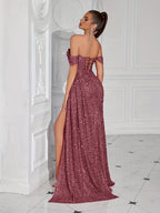 Sequined Henley Neckbone Pleated Waist Long Scarf Front Slit Backless Prom Party Dress - Bean Pink
